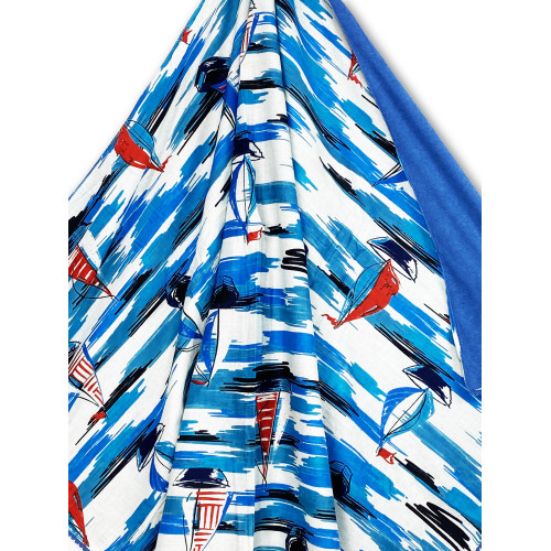 KIKOY Doppeltes Strandtuch aus Baumwolle und Frottee mit Rucksack KEEP – Blaues Segelmuster