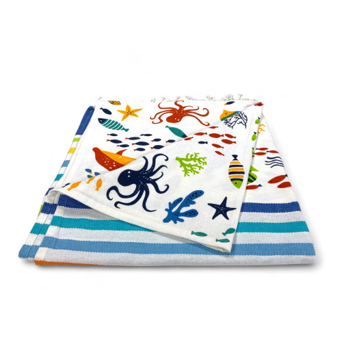 TOALLA DE PLAYA fouta PEZ DE COLORES talla GRANDE con mochila de playa KEEP CALM CM.100X200