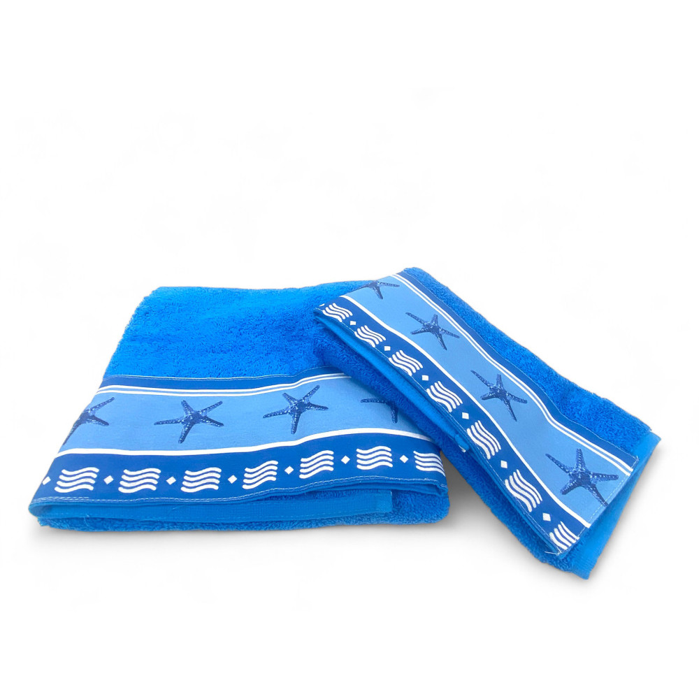 SET of towels with Blue Starfish border in pure cotton Made in Italy