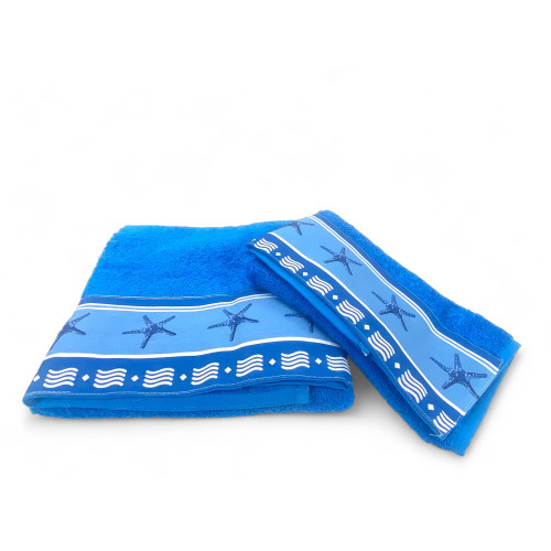 ENSEMBLE de serviettes avec bordure étoile de mer bleue en pur coton Fabriqué en Italie