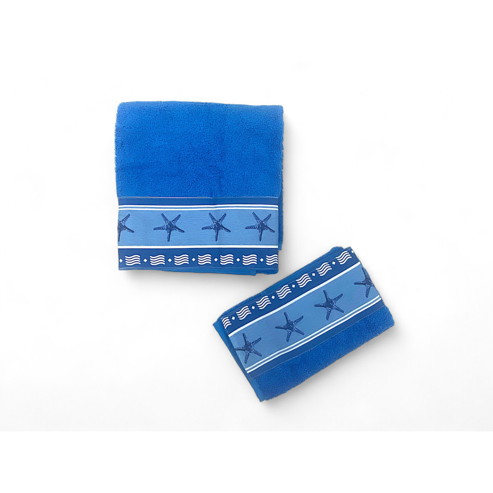 SET of towels with Blue Starfish border in pure cotton Made in Italy