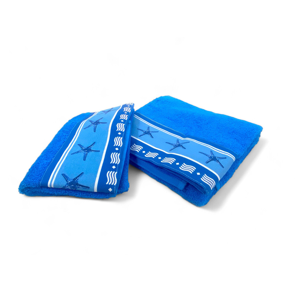 ENSEMBLE de serviettes avec bordure étoile de mer bleue en pur coton Fabriqué en Italie