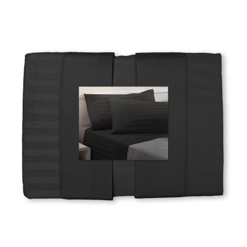 Levante Ensemble de draps doubles en coton noir, Ensemble de draps de lit double, Satin de pur coton rayé