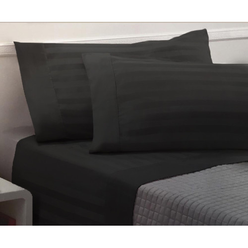 Levante Schwarzes Baumwoll-Doppellaken-Set, Doppelbett-Bettlaken-Set, gestreifter Satin aus reiner Baumwolle