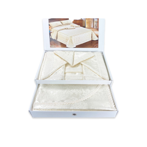 Parure de lit double Queen, draps en satin de polyester avec dentelle macramé et couvre-lit avec garnitures, fabriqué en Italie