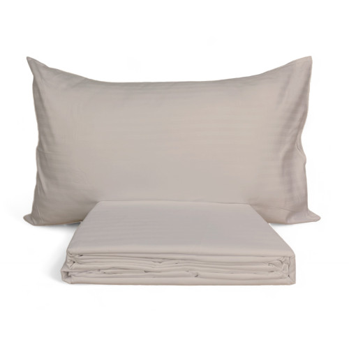 Completo Lenzuola Matrimoniale in Microfibra, Tortora, Rasatello Rigato, No Stiro, 2 Piazze