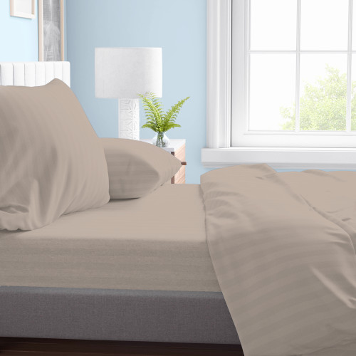 Double sheet set in microfiber, dove grey, striped satin, no iron, 2 squares