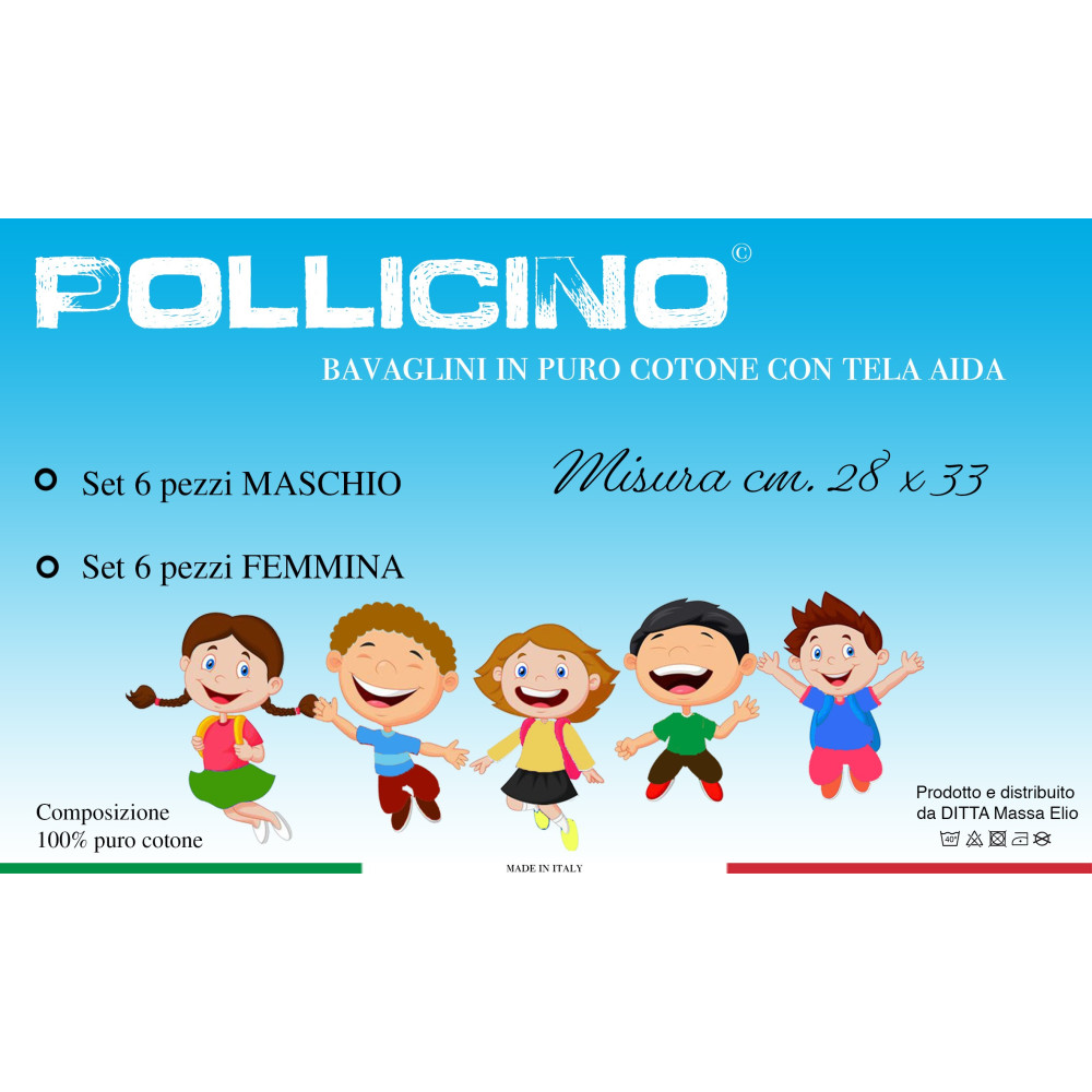 SET 6 BAVAGLINI BAVETTE bambino POLLICINO © cm. 28 x 33 bavaglio con elastico puro cotone con tela AIDA per ricamare il nome