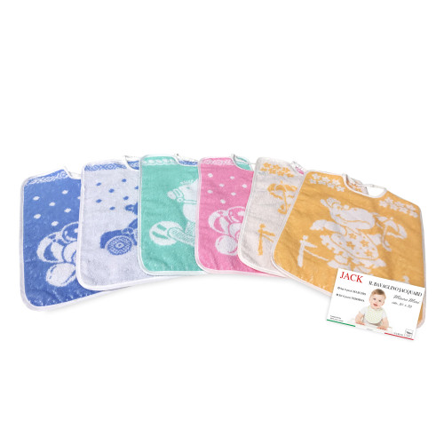 SET 6 BABEROS BABEROS BABY JACK CM © . Pinza MAXI tamaño 30x39 con elástico de puro algodón
