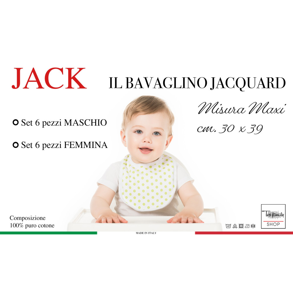 SET 6 BIBS BIBS BABY JACK CM ©. 30x39 size MAXI gag with pure cotton elastic