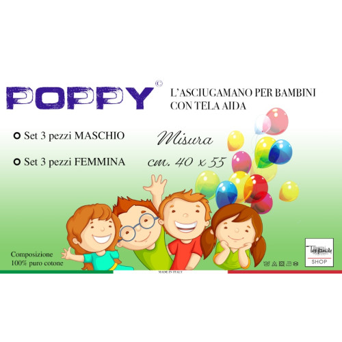 SET 3 TOALLAS GUARDERÍA NIÑO AMAPOLA © CM. 40x55 Puro Algodón MASCULINO con Lona AIDA para Bordar