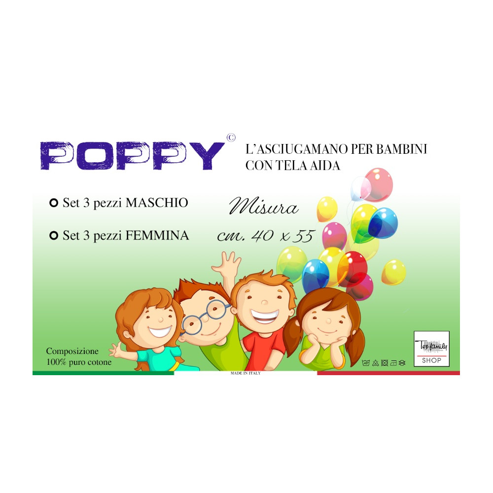 SET 3 TOWELS KINDERGARTEN GIRL POPPY © CM. 40x55 pure cotton FEMALE with AIDA canvas to be embroidered