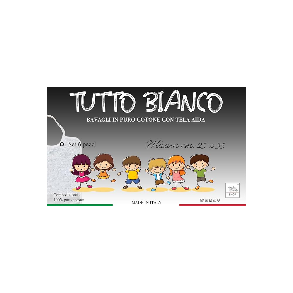 Set 6 Bavaglini Bianchi in Puro Cotone con Lacci, Tela Aida per Ricamare, Double Face 25x35 cm, Alta Resistenza, Made in Italy