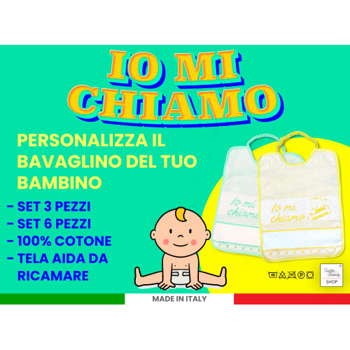 Bavoirs de jardin d’enfants 100% coton avec toile AIDA à broder, 25x34 cm, Set de bavoirs personnalisables « Io Mi Chiamo », Fab