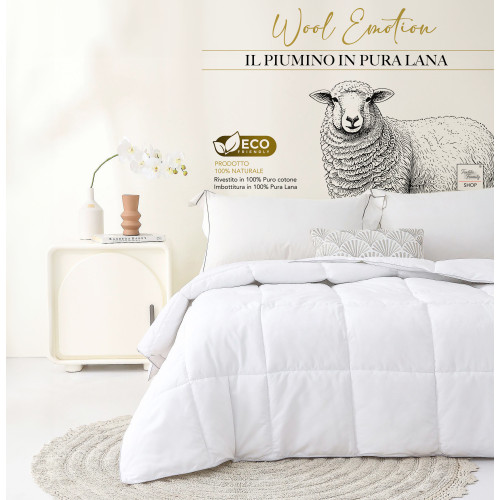 Piumino Invernale in pura Lana 100% Naturale, Wool Emotion, Rivestimento in Cotone Bianco Morbido, Profilo Argentato, 500gsm