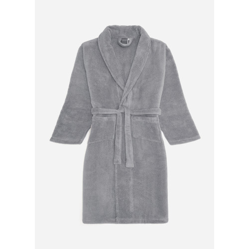 Grauer Schal-Frottee-Bademantel ohne Kapuze aus reiner Baumwolle, made in Italy