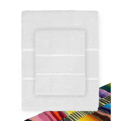 LOT DE 1 SERVIETTE DE TOILETTE + 1 SERVIETTE INVITÉ EN ÉPONGE ET TOILE AÏDA À BRODER AU POINT DE CROIX AVEC FIL OFFERT