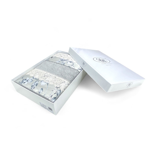 Set de serviettes 1+1 Macramé dentelle glycine gris, pur coton, Made in Italy, Idée cadeau, Boîte élégante