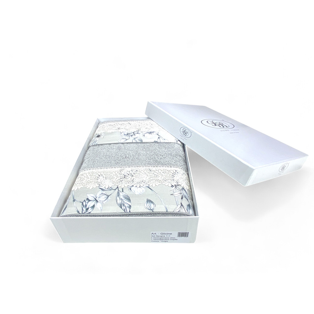 Towel Set 1+1 Macramé Lace Wisteria Grey, Pure Cotton, Made in Italy, Gift Idea, Elegant Box