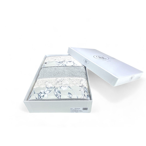 Handtuchset 1+1 Makramee Spitze Glyziniengrau, Reine Baumwolle, Made in Italy, Geschenkidee, elegante Box