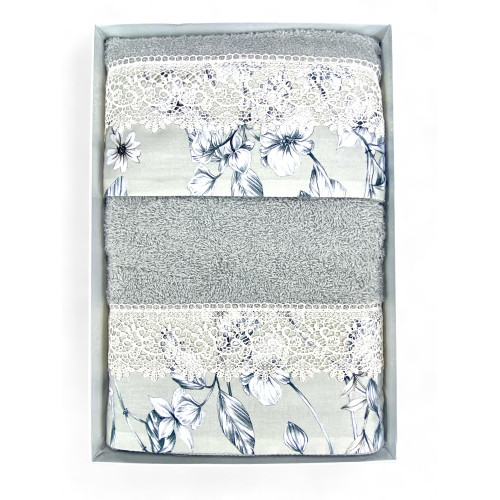 Juego de toallas 1+1 encaje de macramé gris glicinia, puro algodón, made in Italy, idea de regalo, caja elegante