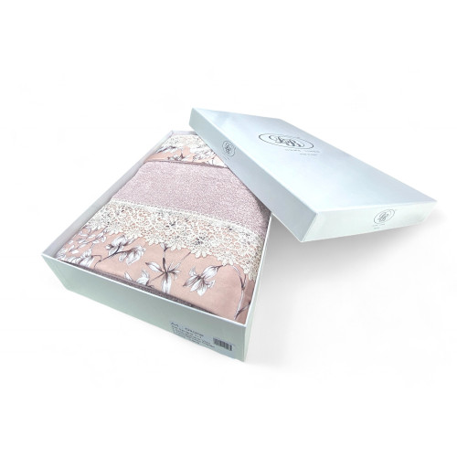 Handtuchset 1+1 Makramee Spitze Glyzinienrosa, reine Baumwolle, Made in Italy, Geschenkidee, elegante Box