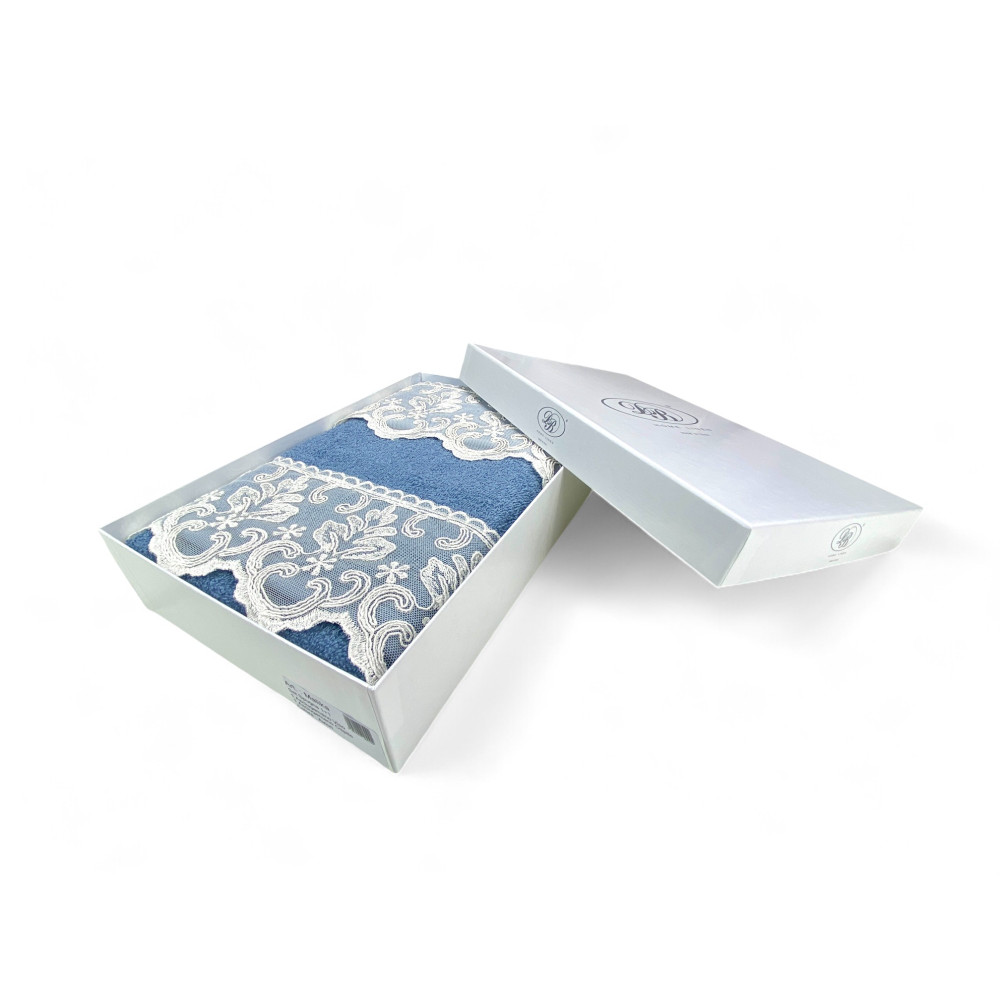 Towel Set 1+1 Macramé Lace Malika Avio, Pure Cotton, Made in Italy, Gift Idea, Elegant Box