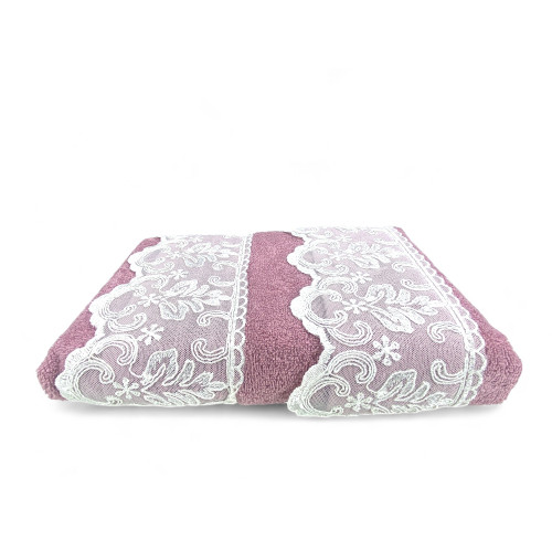 Handtuchset 1+1 Makramee Spitze Malika Rosa, Reine Baumwolle, Made in Italy, Geschenkidee, Elegante Box