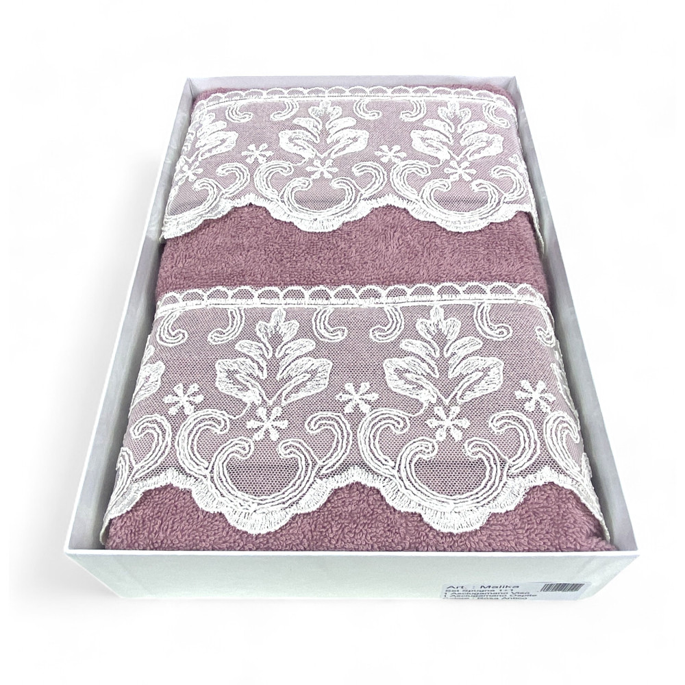 Set de serviettes 1+1 Macramé dentelle Malika rose, pur coton, Made in Italy, Idée cadeau, Boîte élégante