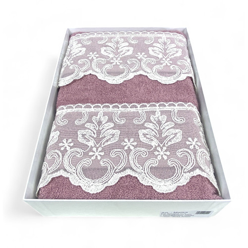 Juego de toallas 1+1 encaje de macramé rosa malika, puro algodón, made in Italy, idea de regalo, caja elegante