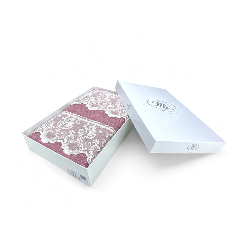 Set Asciugamani 1+1 Pizzo Macramè Malika Rosa, Puro Cotone, Made in Italy, Idea Regalo, Confezione Elegante