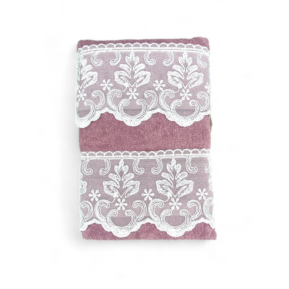 Set de serviettes 1+1 Macramé dentelle Malika rose, pur coton, Made in Italy, Idée cadeau, Boîte élégante