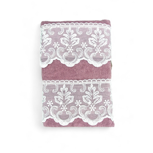 Handtuchset 1+1 Makramee Spitze Malika Rosa, Reine Baumwolle, Made in Italy, Geschenkidee, Elegante Box