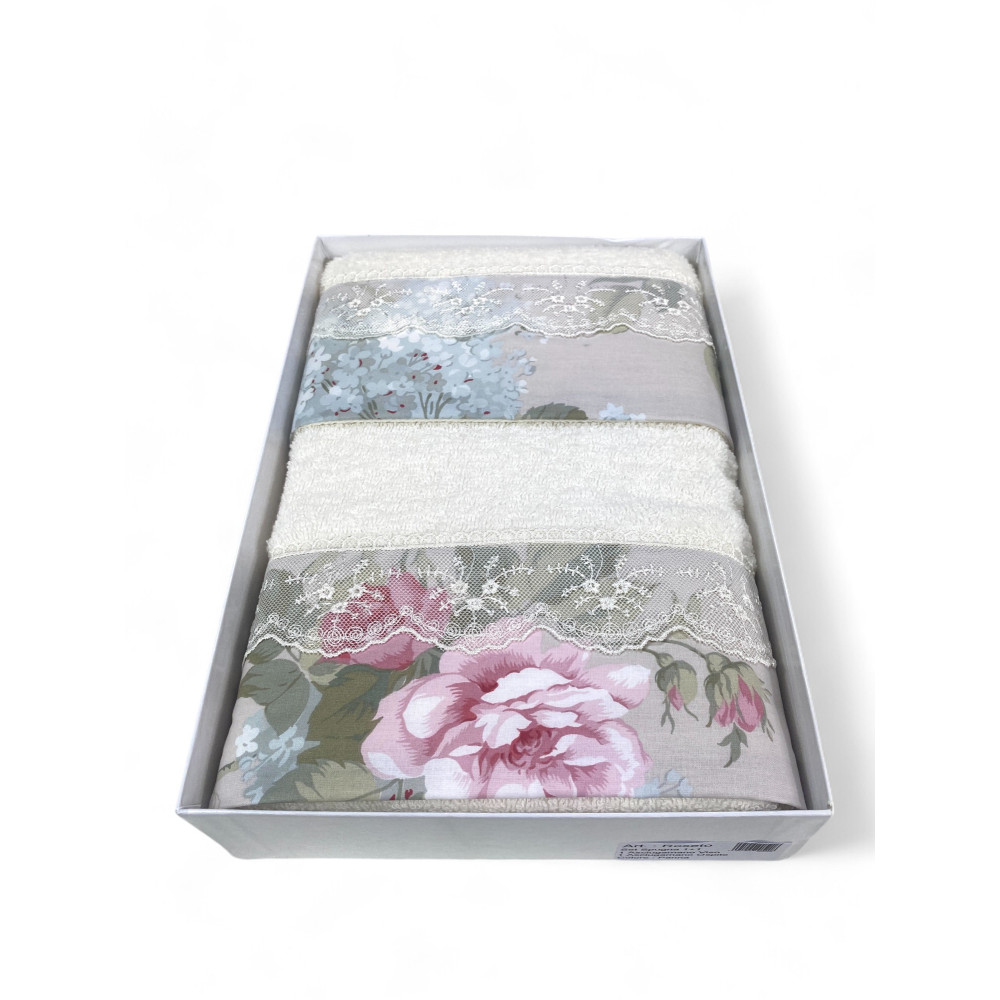 Handtuch-Set 1+1 Makramee-Spitze Roseto creme, reine Baumwolle, Made in Italy, Geschenkidee, elegante Box