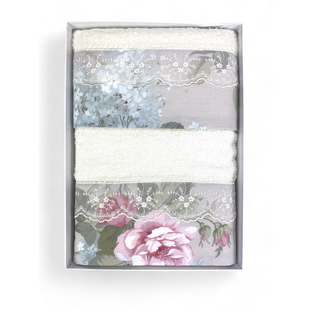 Towel Set 1+1 Macramé Lace Roseto Cream, Pure Cotton, Made in Italy, Gift Idea, Elegant Box