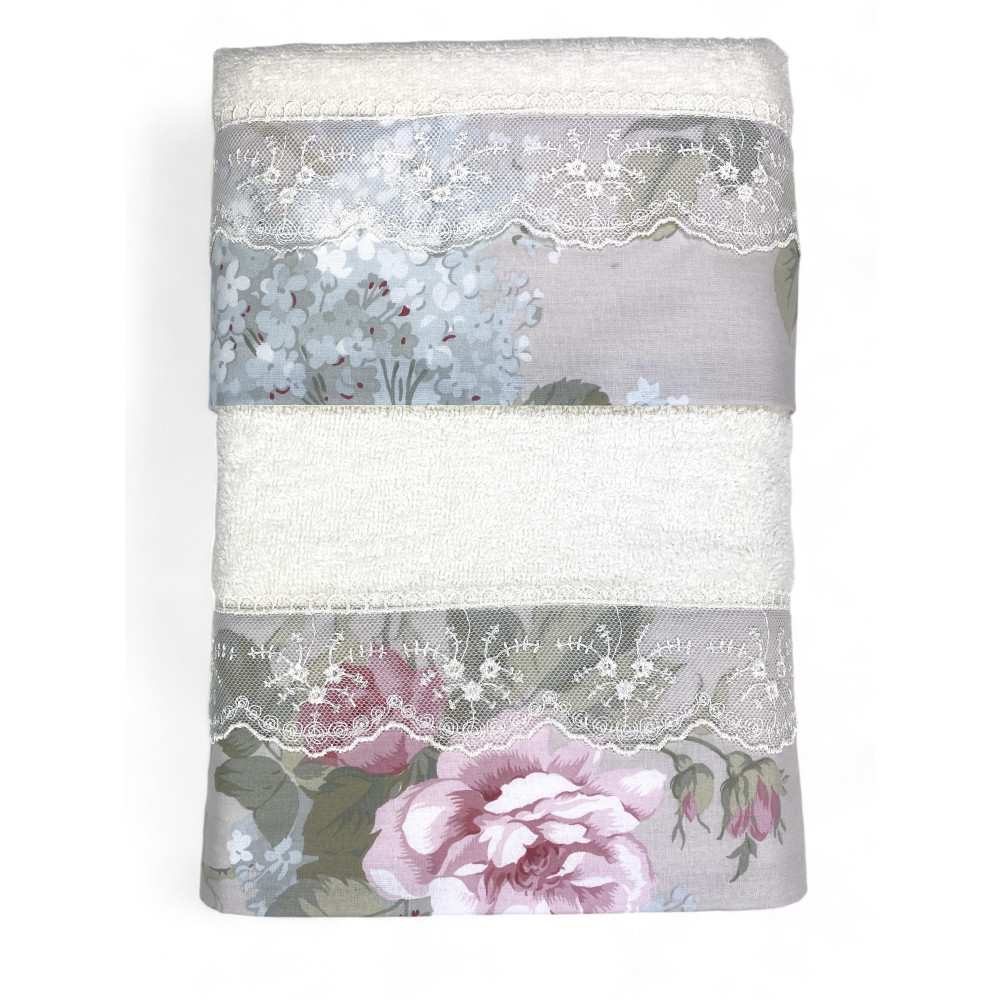 Towel Set 1+1 Macramé Lace Roseto Cream, Pure Cotton, Made in Italy, Gift Idea, Elegant Box
