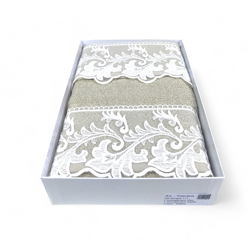 Set de serviettes 1+1 Macramé toscan dentelle sable, pur coton, Made in Italy, Idée cadeau, Emballage élégant