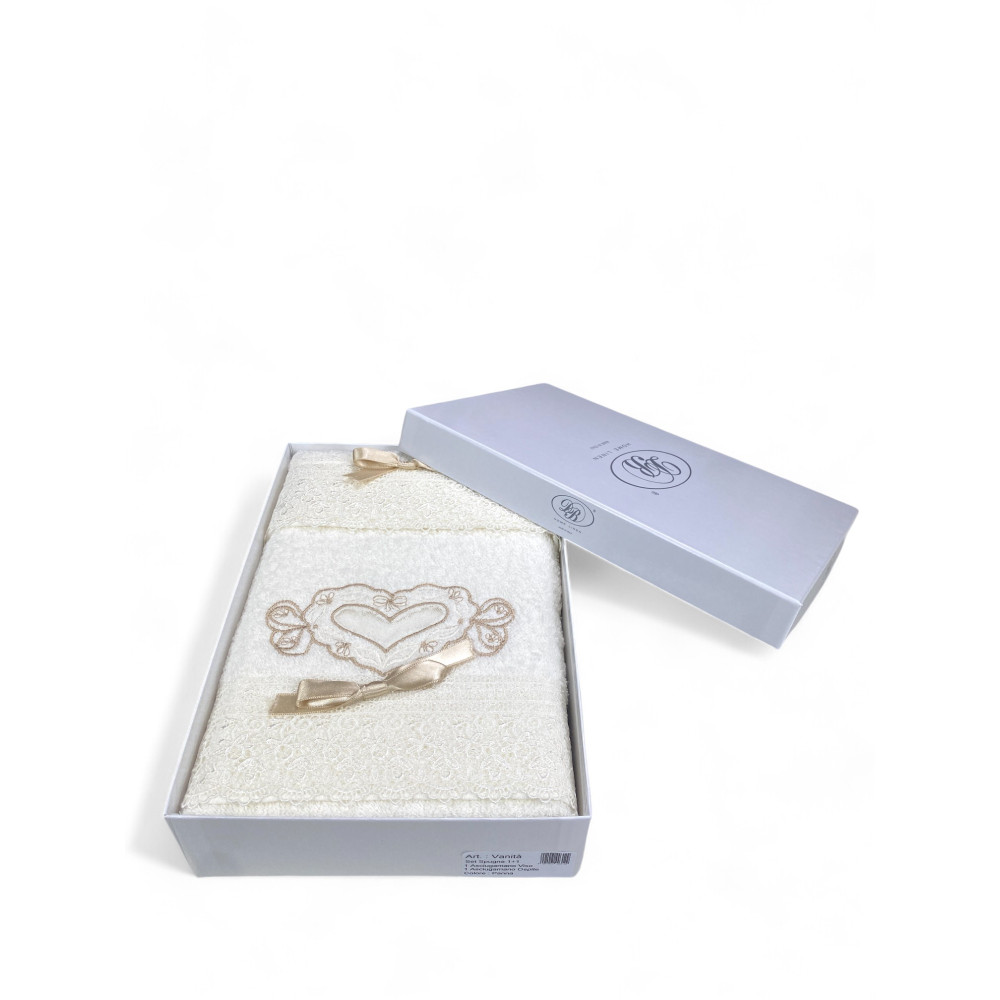 Set de serviettes 1+1 Vanité crème, broderie cœur et dentelle, pur coton, Made in Italy, idée cadeau, emballage élégant