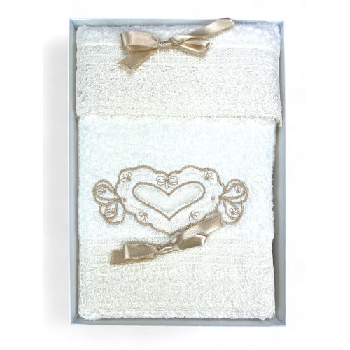 Towel Set 1+1 Cream Vanity, Heart and Lace Embroidery, Pure Cotton, Made in Italy, Gift Idea, Elegant Packaging