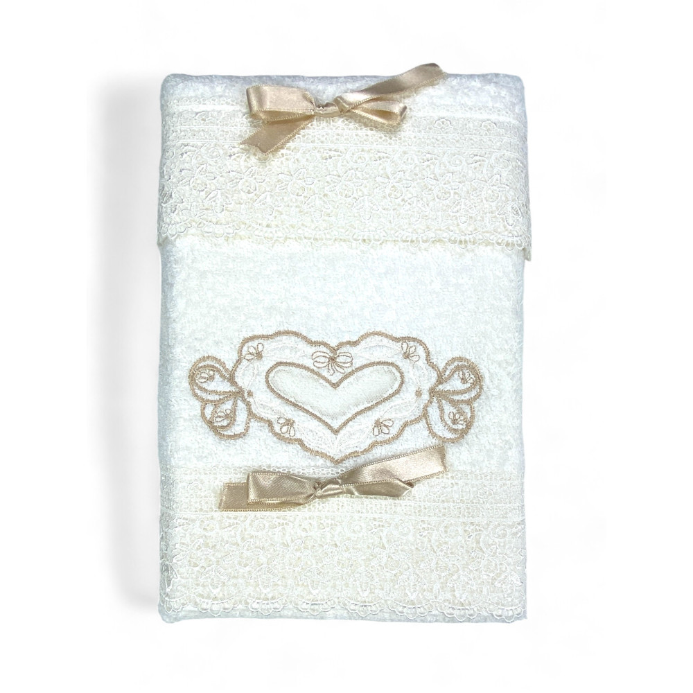 Handtuchset 1+1 cremefarbener Waschtisch, Herz- und Spitzenstickerei, reine Baumwolle, Made in Italy, Geschenkidee, elegante Ver