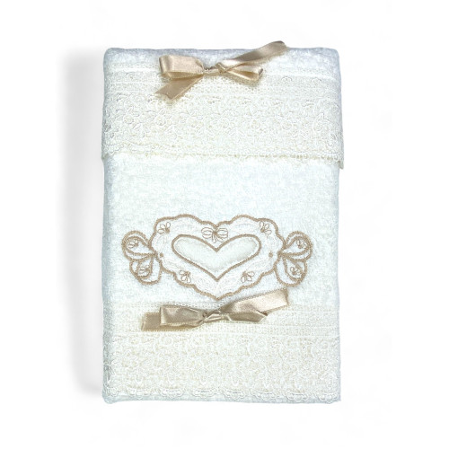 Towel Set 1+1 Cream Vanity, Heart and Lace Embroidery, Pure Cotton, Made in Italy, Gift Idea, Elegant Packaging