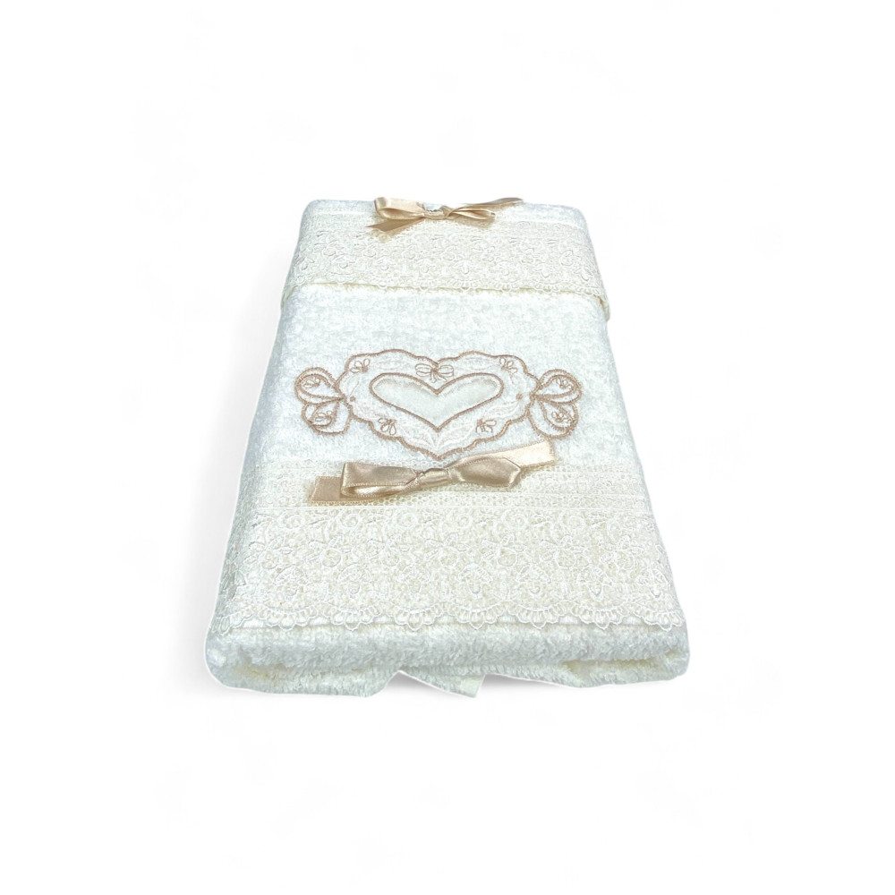 Towel Set 1+1 Cream Vanity, Heart and Lace Embroidery, Pure Cotton, Made in Italy, Gift Idea, Elegant Packaging