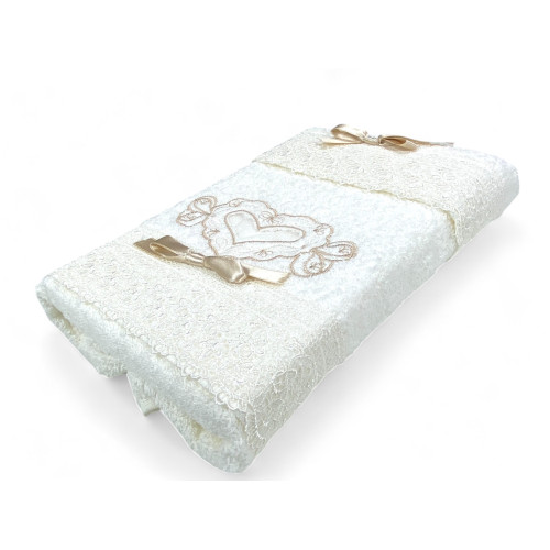 Set de serviettes 1+1 Vanité crème, broderie cœur et dentelle, pur coton, Made in Italy, idée cadeau, emballage élégant