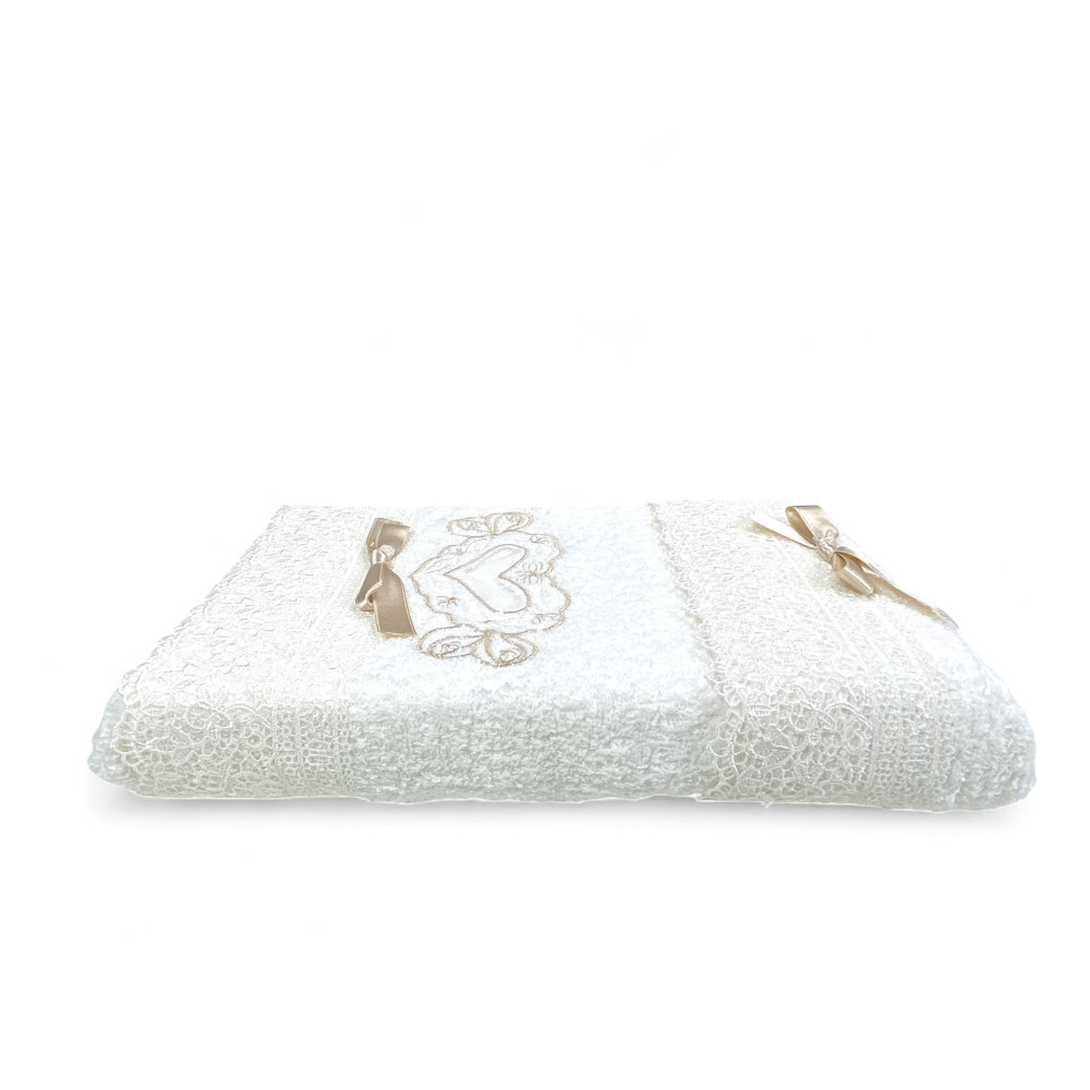 Towel Set 1+1 Cream Vanity, Heart and Lace Embroidery, Pure Cotton, Made in Italy, Gift Idea, Elegant Packaging