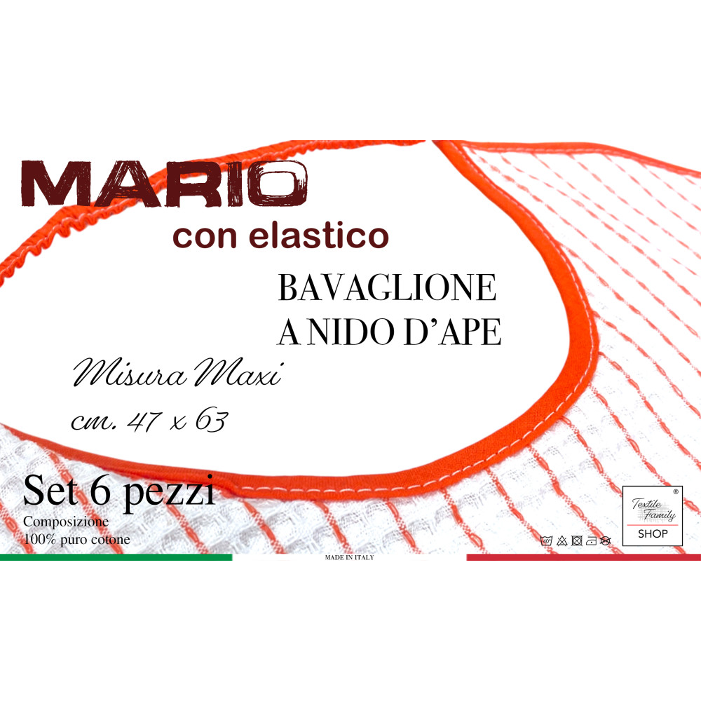 Bavaglio per Adulti e Anziani con Elastico MARIO| Set 6 Pezzi in Cotone Nido d'Ape, Assorbente, 47x63 cm | Made in Italy