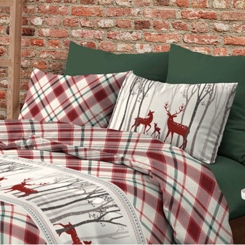 Funda nórdica escocesa con estampado de ciervo rojo en algodón de doble cara | Cama doble 255x200 cm con 2 fundas de almohada |