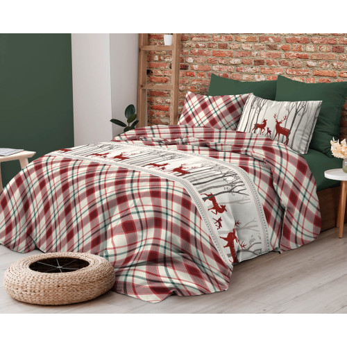 Housse de couette à motifs écossais Red Deer en coton double face | Lit double 255x200 cm avec 2 taies d’oreiller | Lavable