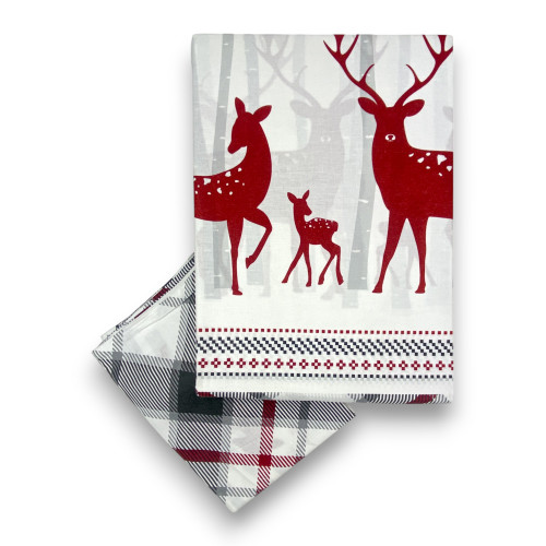 Red Deer and Grey Tartan Scottish Pattern Duvet Cover in Double Face Cotton | Double 255x200 cm with 2 pillowcases