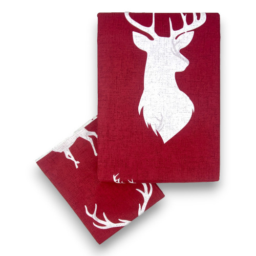 Double Face Bettbezug aus Baumwolle mit weißem Hirsch auf burgunderrotem Hintergrund | Doppelbett 255x200 cm | Zeitgenössischer