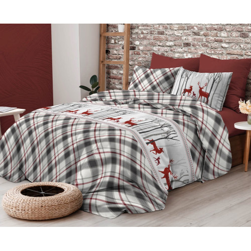 Funda nórdica de estampado escocés de ciervo rojo y tartán gris en algodón de doble cara | Doble 255x200 cm con 2 fundas de almo